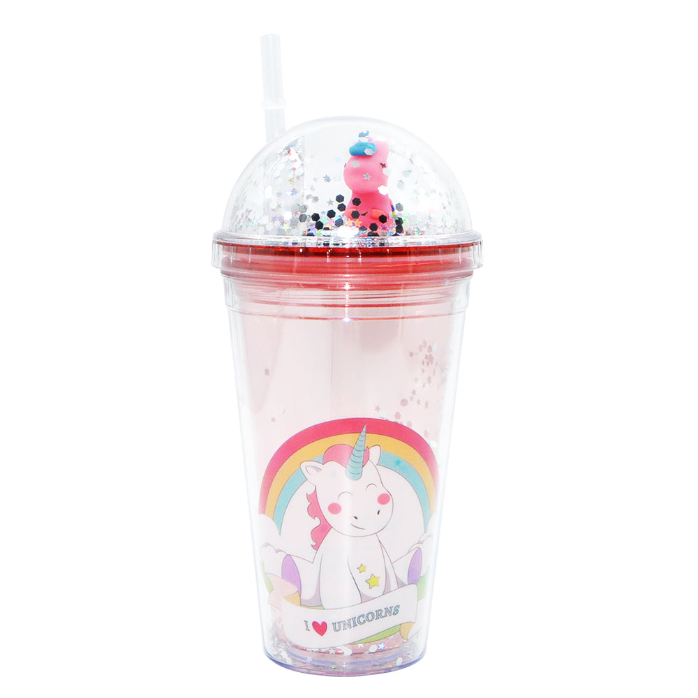 SP14- ice cream unicorn plastic cups double-layer cute cartoon girl kid sipper colorful glitter water bottle
