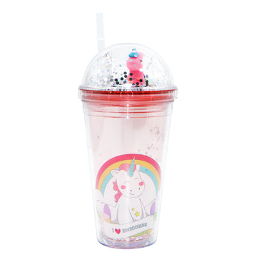 SP14- ice cream unicorn plastic cups double-layer cute cartoon girl kid sipper colorful glitter water bottle