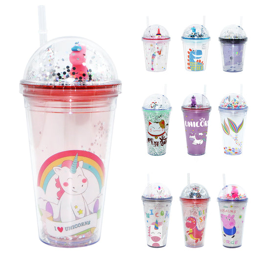 SP14- ice cream unicorn plastic cups double-layer cute cartoon girl kid sipper colorful glitter water bottle