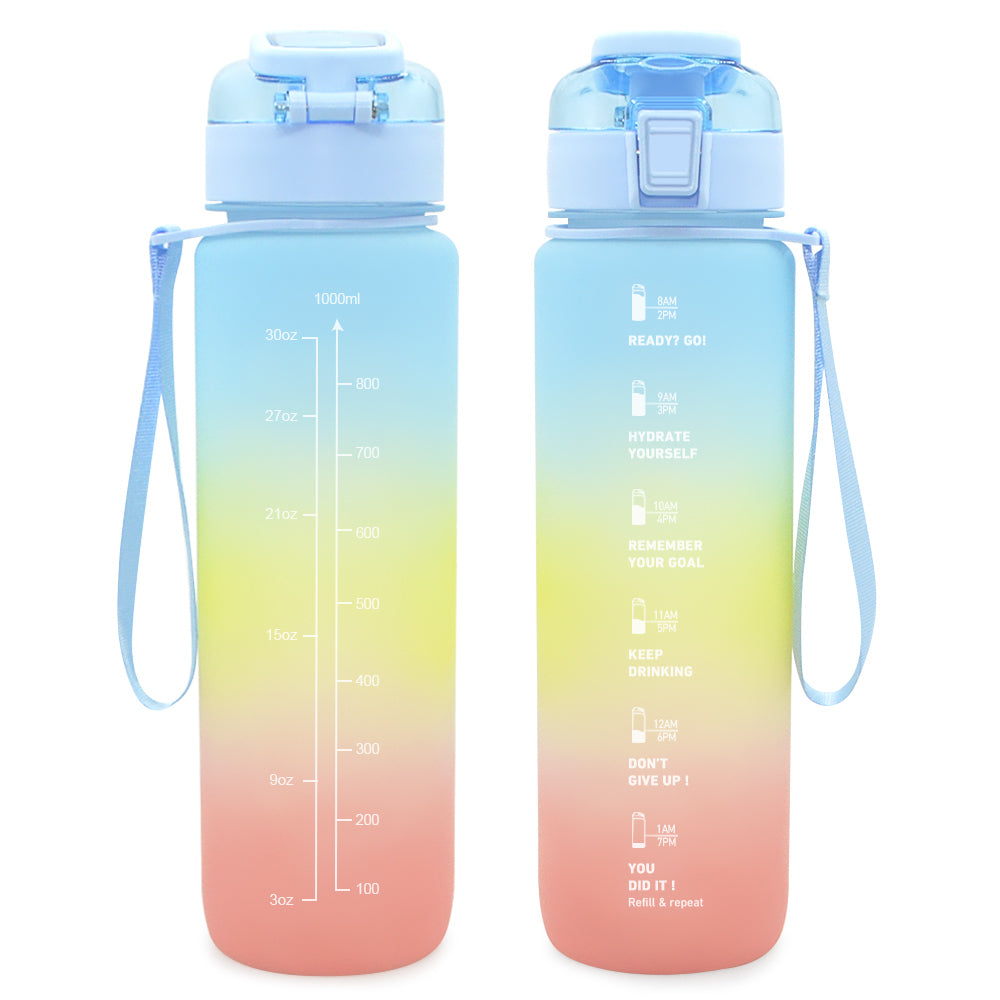T1-3-Plastic Motivational Water Bottles With Time Marker And Straw Strainer Sports Water Jug
