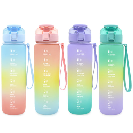 T1-3-Plastic Motivational Water Bottles With Time Marker And Straw Strainer Sports Water Jug