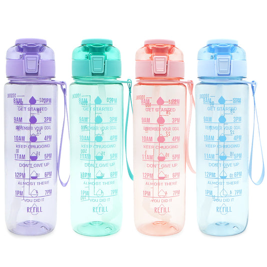 T1-5-32 Ounces 1 Liter Leakproof Motivational Plastic Water Bottle With Time Marker Stamp And Handle