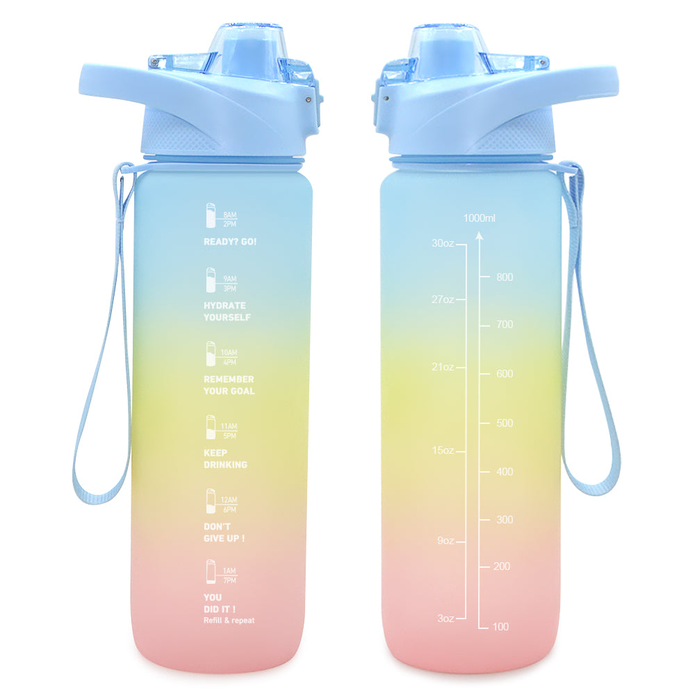 T14-32oz Bpa Free Gradient Color Motivational Gym Fitness Sports Plastic Water Bottle With Handle