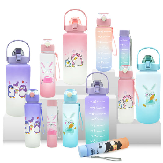 T21-3 Pcs Set Plastic Sport BPA Free Gym Fitness Motivational Water Bottles With Straw And Handgrip