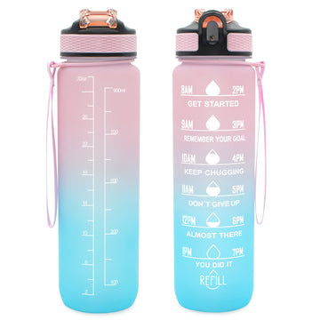 T3- 32oz 1000ML Gradient Gym Bottles Large Water Bottle With Motivational Time Marker