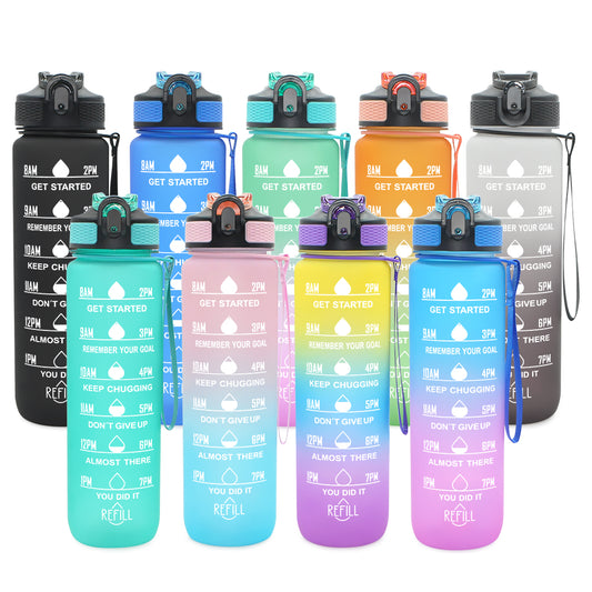 T3- 32oz 1000ML Gradient Gym Bottles Large Water Bottle With Motivational Time Marker