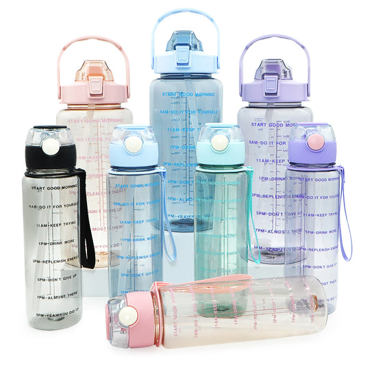 T5P- BPA Free Fitness Gym Sports Clear Plastic Motivational Water Bottle Set With Handle